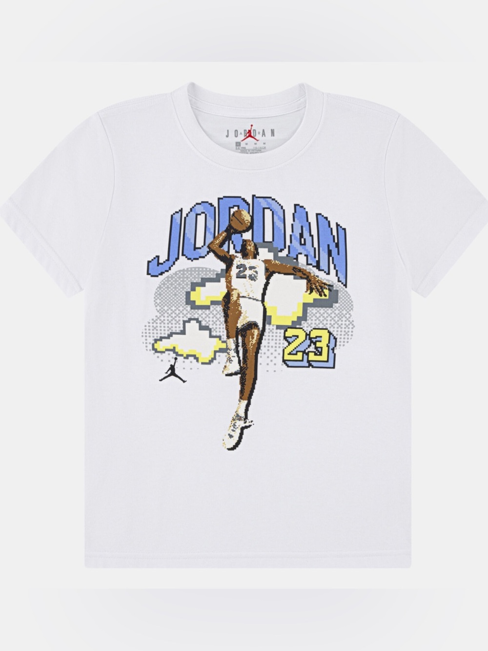 Jordan White Tee with Blue and Yellow Pixel Dunk Graphic